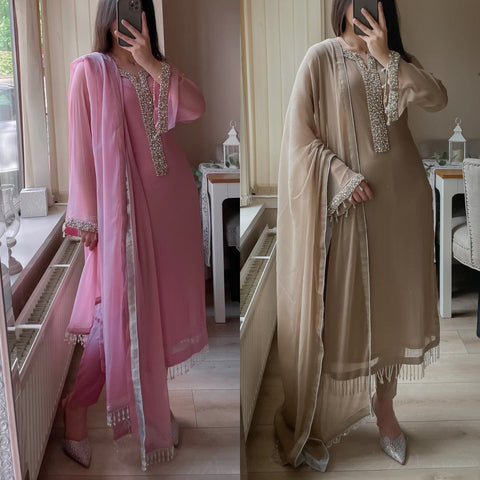 Elegant Faux Georgette Pearl Handwork Suit Set