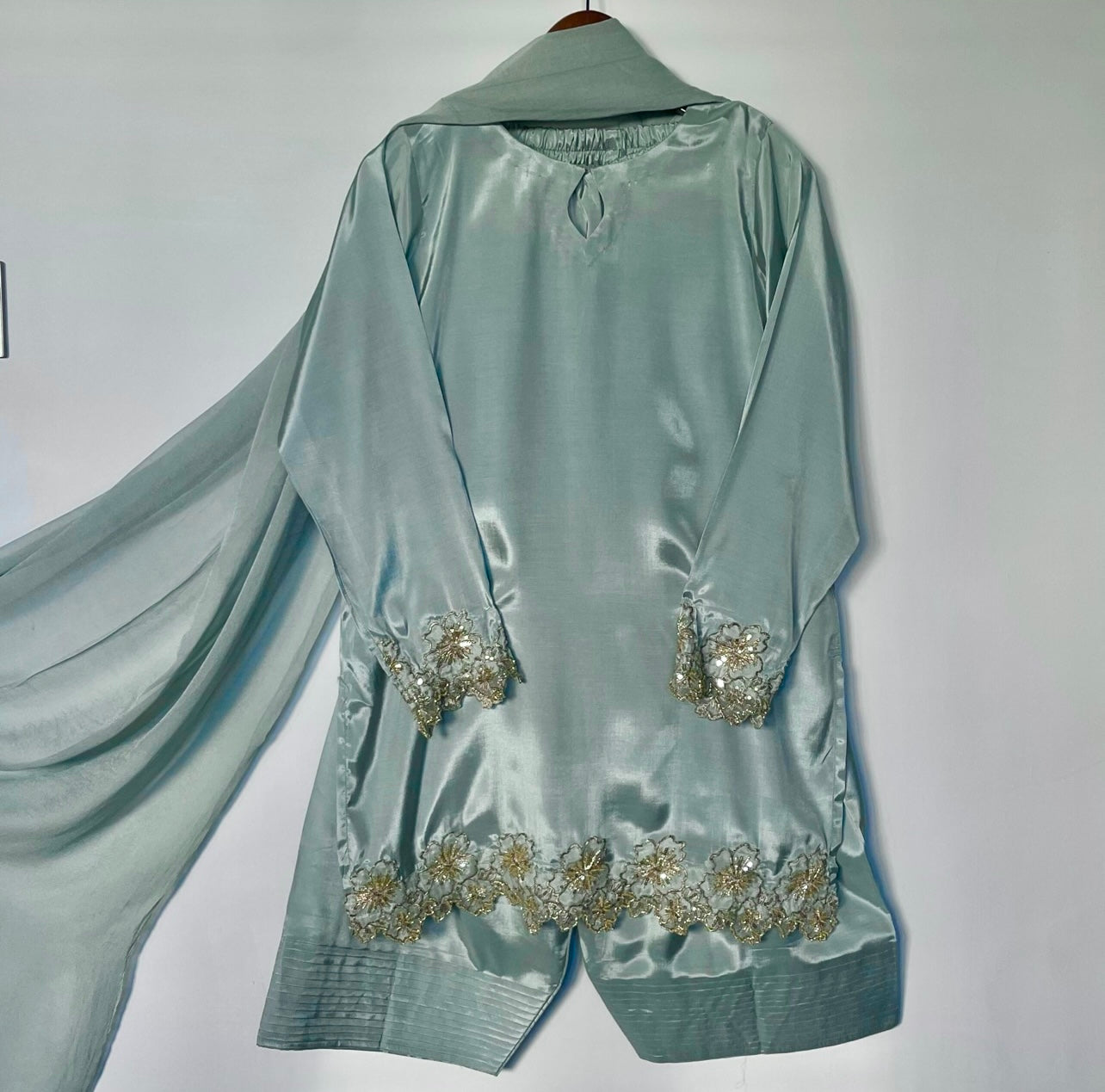 Elegant Pastel Blue Silk Suit with Golden Floral Embroidery Trim