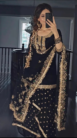 Elegant Black Sharara Set with Intricate Sequin and Zari Work