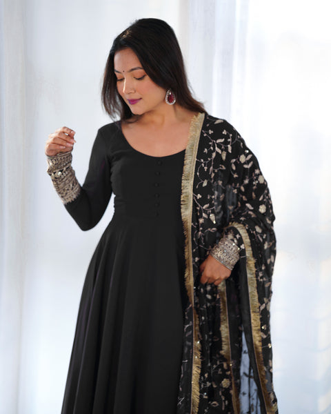 Elegant Black Georgette Sequin Gown - Perfect for Special Occasions