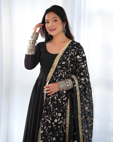 Elegant Black Georgette Sequin Gown - Perfect for Special Occasions