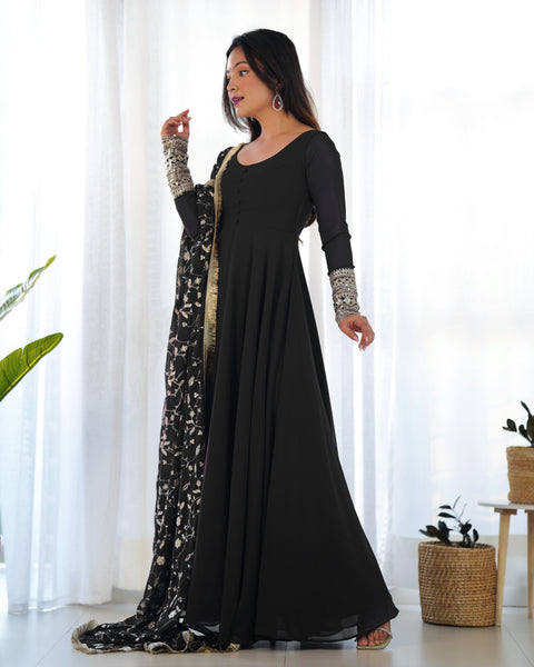 Elegant Black Georgette Sequin Gown - Perfect for Special Occasions