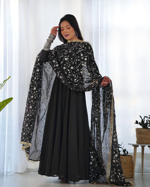 Elegant Black Georgette Sequin Gown - Perfect for Special Occasions