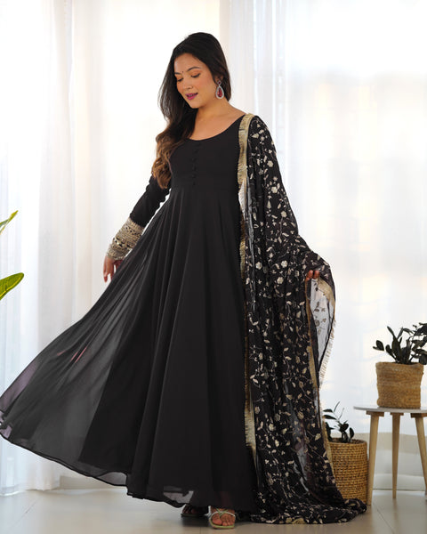 Elegant Black Georgette Sequin Gown - Perfect for Special Occasions