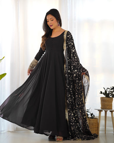 Elegant Black Georgette Sequin Gown - Perfect for Special Occasions