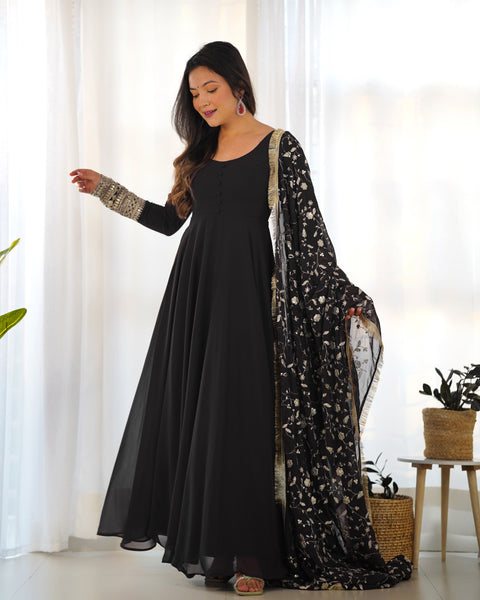 Elegant Black Georgette Sequin Gown - Perfect for Special Occasions