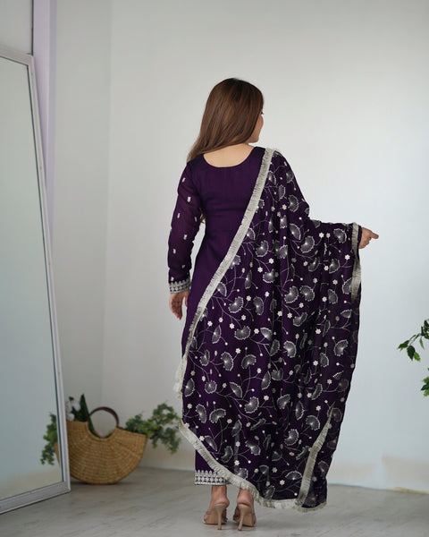 Georgette Purple Embroidered Salwar Suit with Dupatta