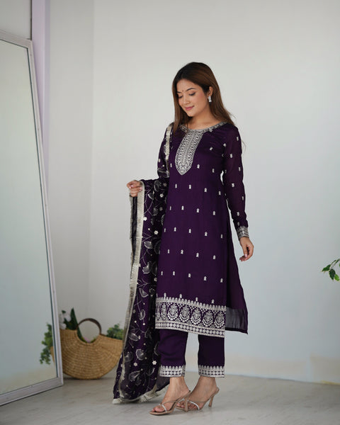 Georgette Purple Embroidered Salwar Suit with Dupatta