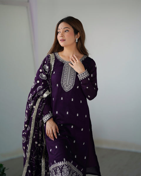 Georgette Purple Embroidered Salwar Suit with Dupatta