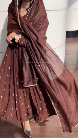 Elegant Chocolate Brown Embroidered Anarkali Suit Set with Dupatta
