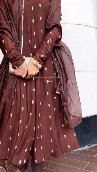 Elegant Chocolate Brown Embroidered Anarkali Suit Set with Dupatta