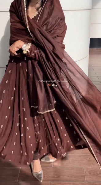 Elegant Chocolate Brown Embroidered Anarkali Suit Set with Dupatta