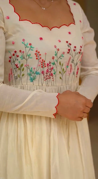 Elegant Cream Embroidered Anarkali Suit Set with Dupatta