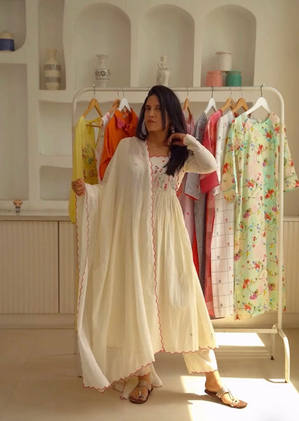 Elegant Cream Embroidered Anarkali Suit Set with Dupatta