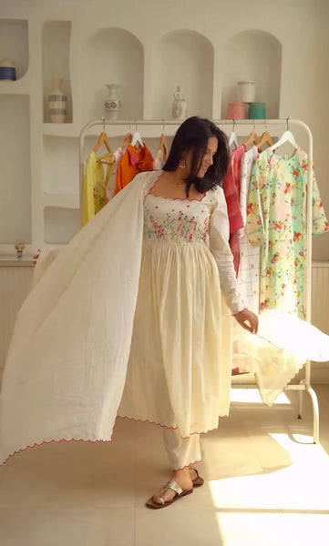 Elegant Cream Embroidered Anarkali Suit Set with Dupatta