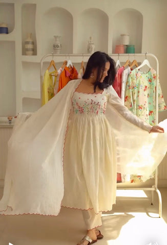 Elegant Cream Embroidered Anarkali Suit Set with Dupatta
