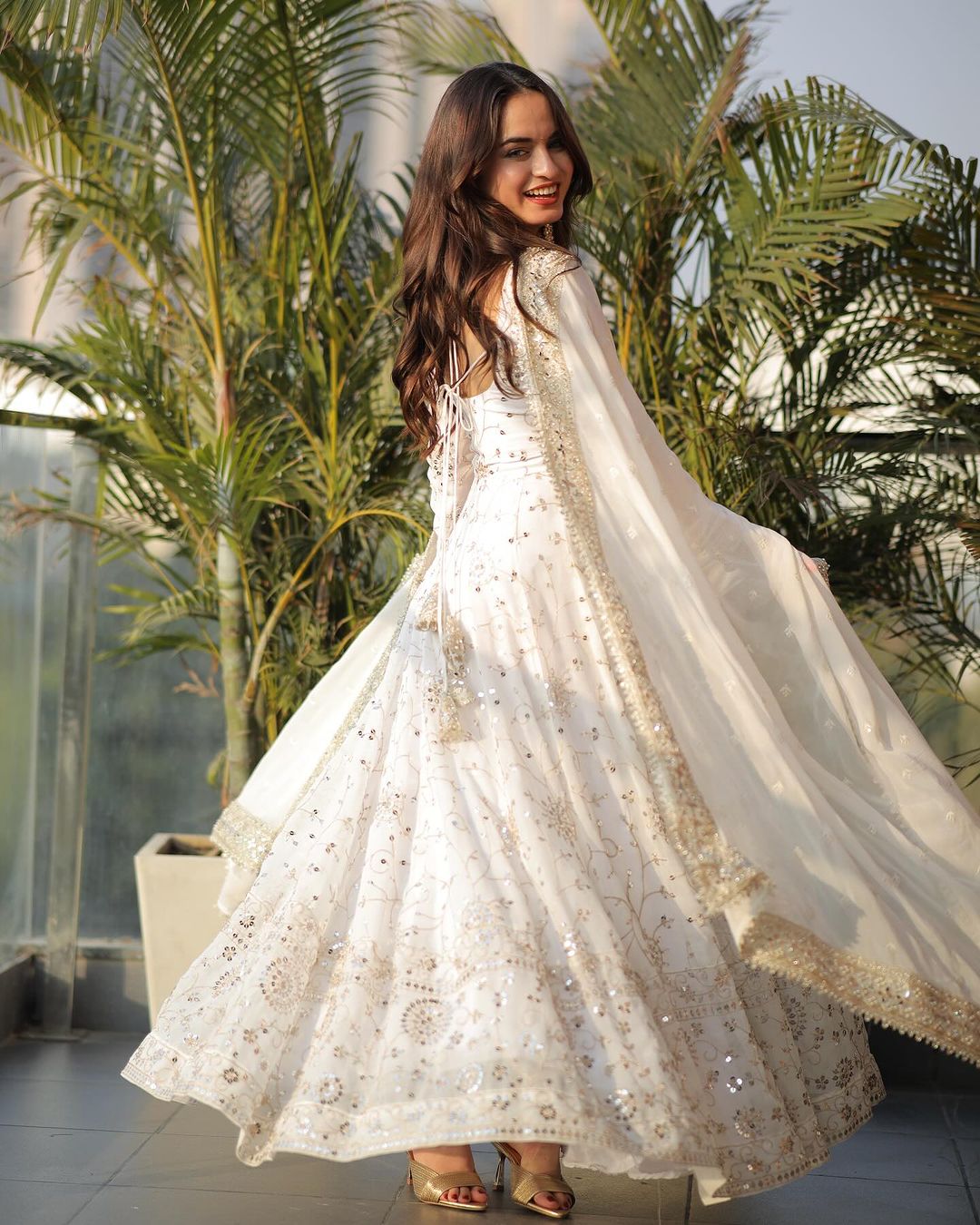 Women's White Sequence Embroidered Anarkali Suit with Dupatta – Full Sleeve & Deep Round Neck