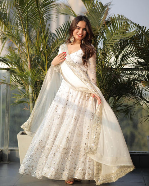 Women's White Sequence Embroidered Anarkali Suit with Dupatta – Full Sleeve & Deep Round Neck