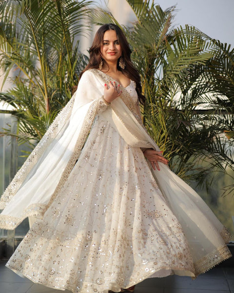 Women's White Sequence Embroidered Anarkali Suit with Dupatta – Full Sleeve & Deep Round Neck