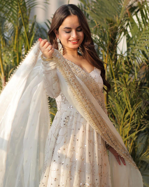 Women's White Sequence Embroidered Anarkali Suit with Dupatta – Full Sleeve & Deep Round Neck