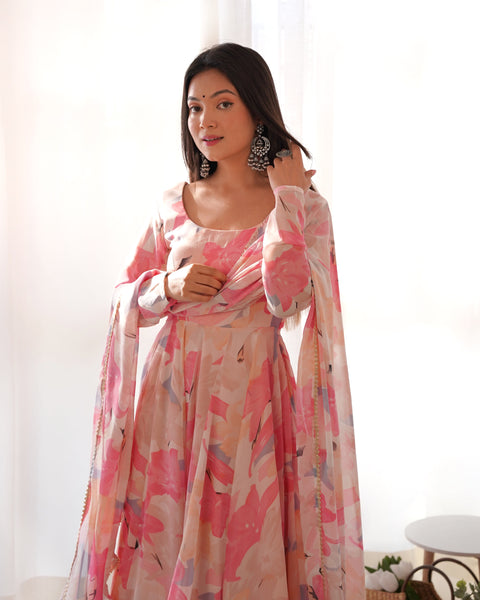 Graceful Pink Floral Printed Anarkali Suit with Dupatta