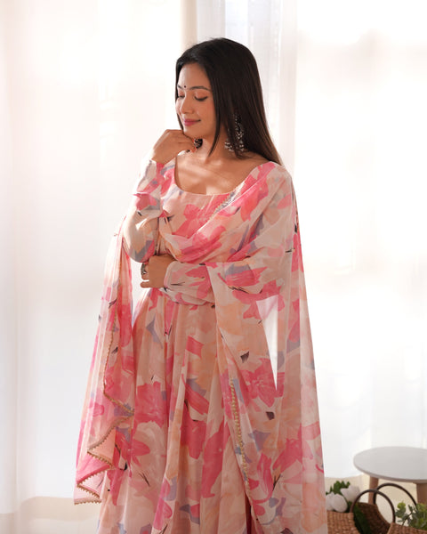 Graceful Pink Floral Printed Anarkali Suit with Dupatta