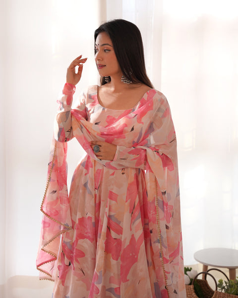 Graceful Pink Floral Printed Anarkali Suit with Dupatta