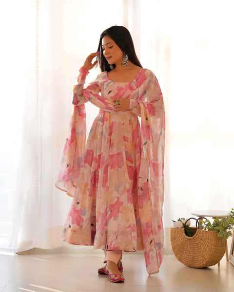 Graceful Pink Floral Printed Anarkali Suit with Dupatta