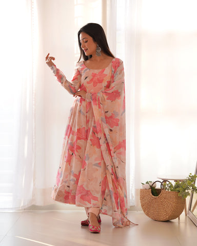 Graceful Pink Floral Printed Anarkali Suit with Dupatta