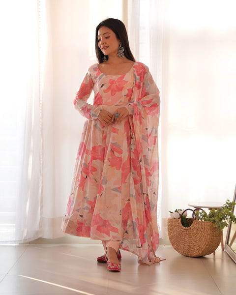 Graceful Pink Floral Printed Anarkali Suit with Dupatta