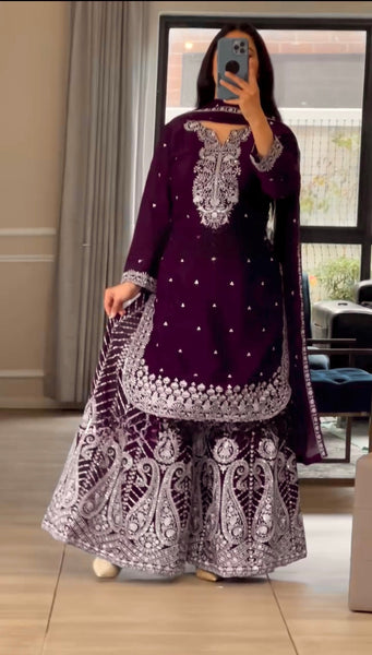 Majestic Allure Purple and Wine Sharara Suit - Luxe Fusion Collection