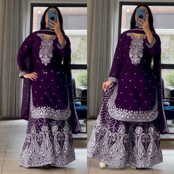 Majestic Allure Purple and Wine Sharara Suit - Luxe Fusion Collection