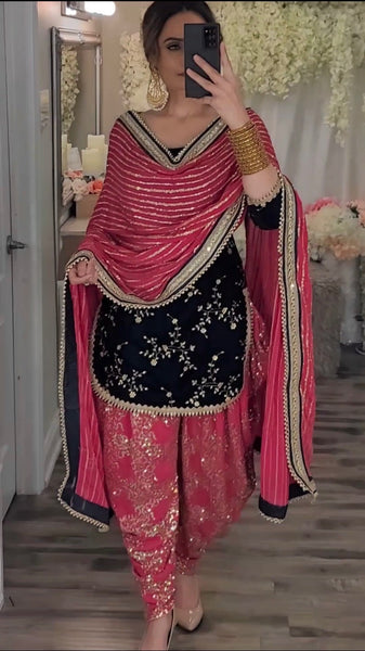 Elegant Pink and Black Dhoti Patiyala Suit with Embroidered Kurti and Dupatta