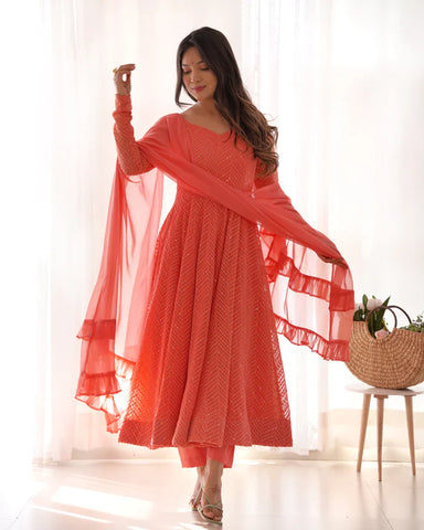 Peach Soft Faux Georgette Salmon Lucknowi Anarkali Maxi Suit