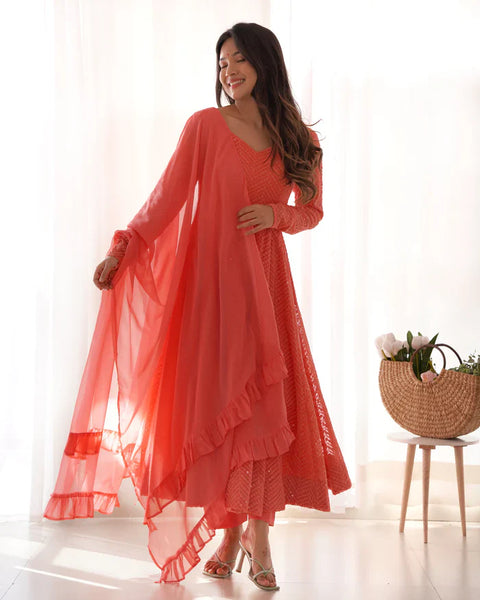 Peach Soft Faux Georgette Salmon Lucknowi Anarkali Maxi Suit