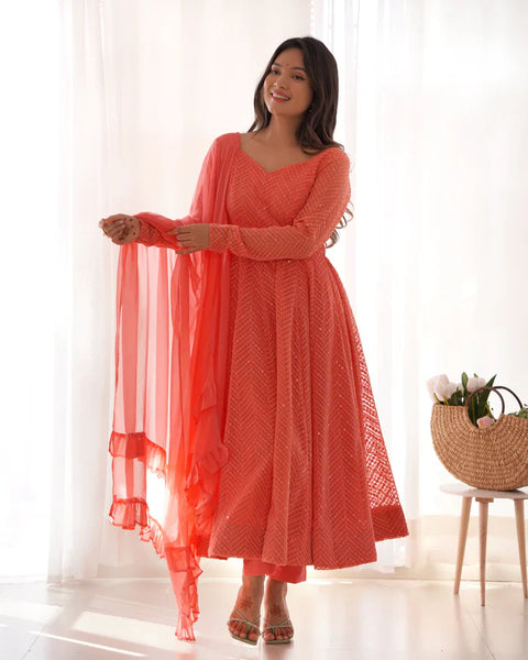 Peach Soft Faux Georgette Salmon Lucknowi Anarkali Maxi Suit
