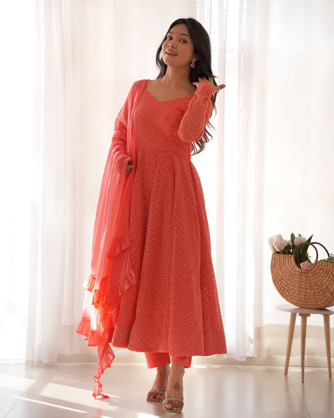 Peach Soft Faux Georgette Salmon Lucknowi Anarkali Maxi Suit