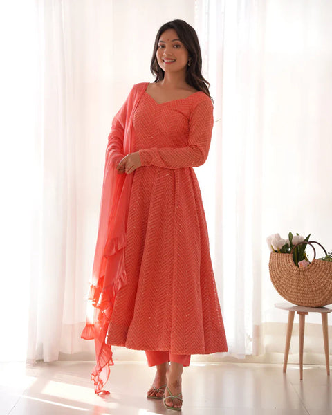 Peach Soft Faux Georgette Salmon Lucknowi Anarkali Maxi Suit