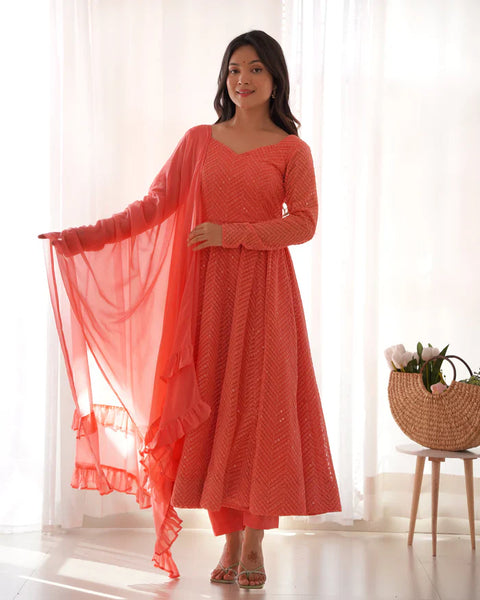 Peach Soft Faux Georgette Salmon Lucknowi Anarkali Maxi Suit