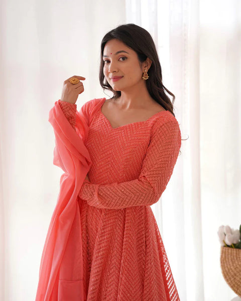 Peach Soft Faux Georgette Salmon Lucknowi Anarkali Maxi Suit