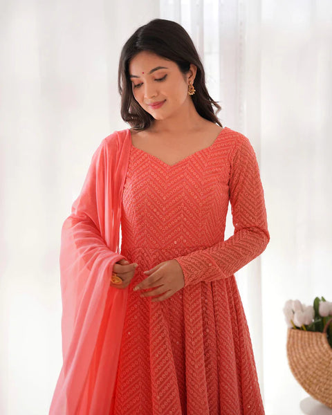 Peach Soft Faux Georgette Salmon Lucknowi Anarkali Maxi Suit