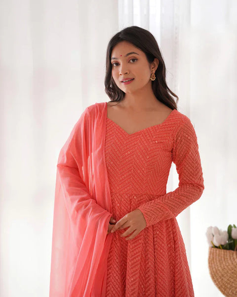 Peach Soft Faux Georgette Salmon Lucknowi Anarkali Maxi Suit