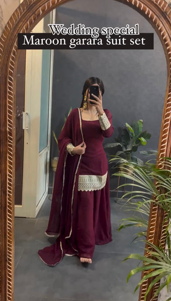 Regal Maroon Embroidered Sharara Suit Set with Dupatta