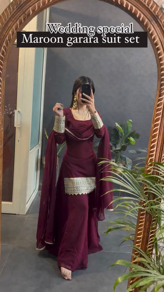 Regal Maroon Embroidered Sharara Suit Set with Dupatta