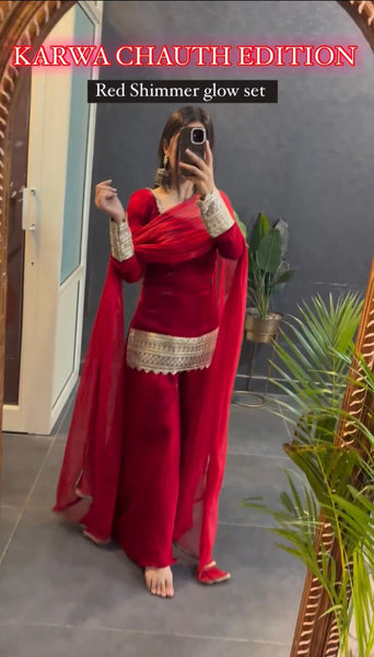 Designer Red Georgette Lace Bordered Sharara Suit with Dupatta