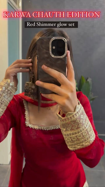 Designer Red Georgette Lace Bordered Sharara Suit with Dupatta