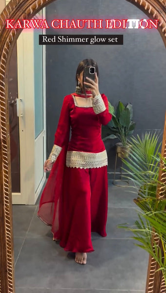 Designer Red Georgette Lace Bordered Sharara Suit with Dupatta