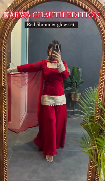 Designer Red Georgette Lace Bordered Sharara Suit with Dupatta