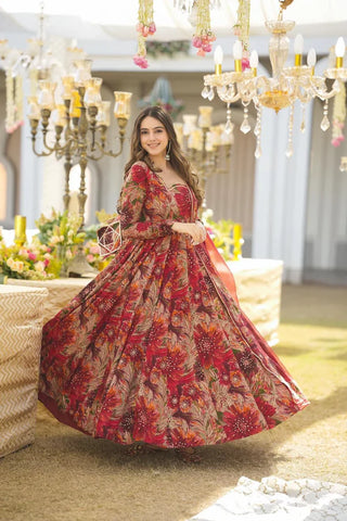 Chic Digital-Print Organza Anarkali Suit Set with Dupatta