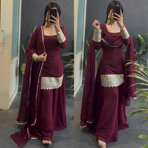 Regal Maroon Embroidered Sharara Suit Set with Dupatta